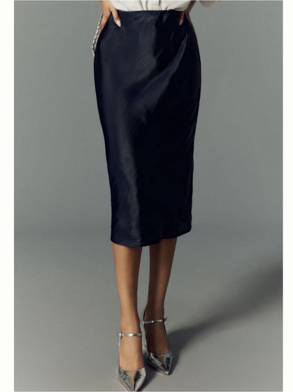 Anthropologie Black Shine Midi Skirt, NEW